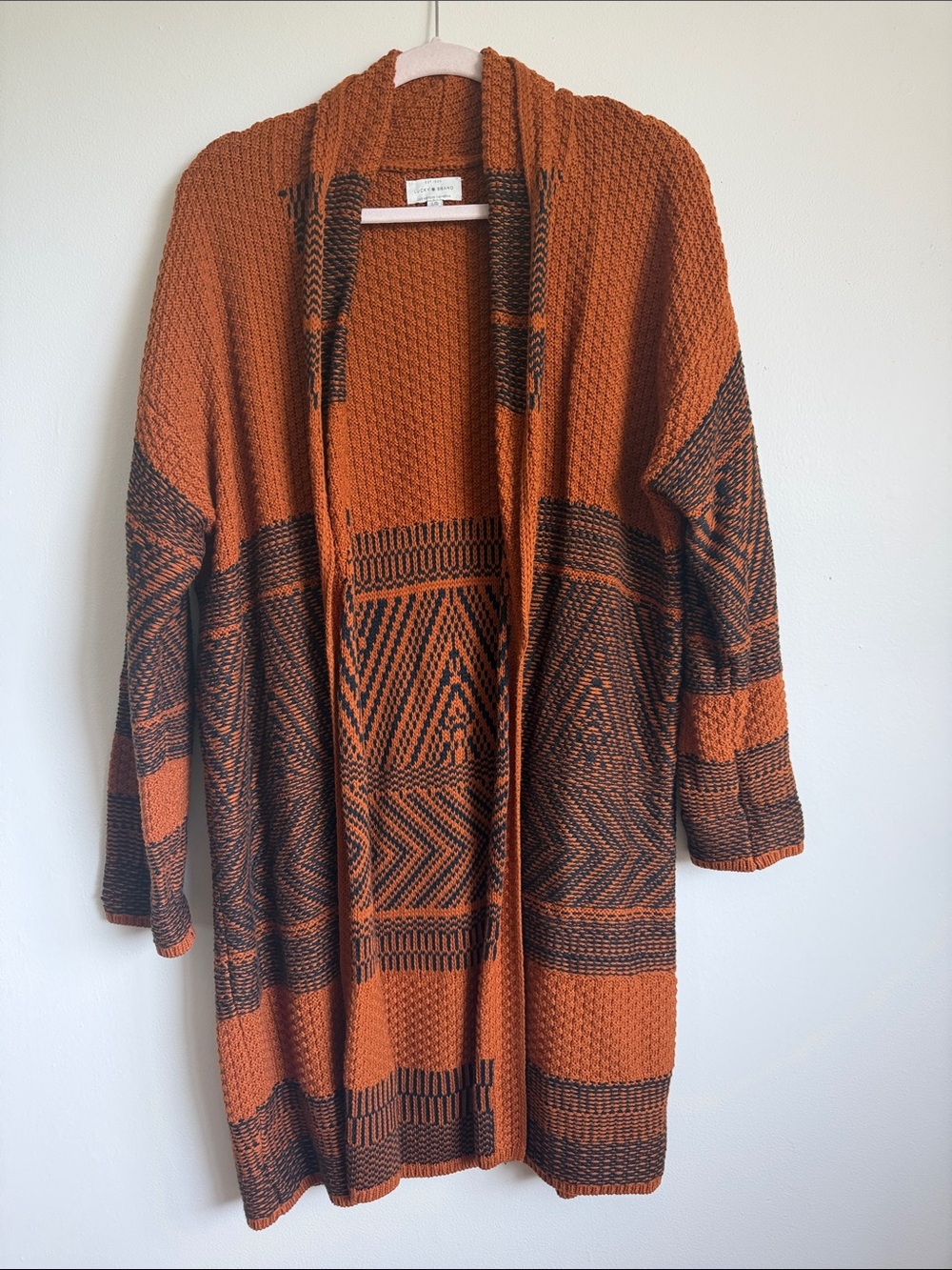 Lucky Brand Rust and Black Geometric Open-Front Cardigan